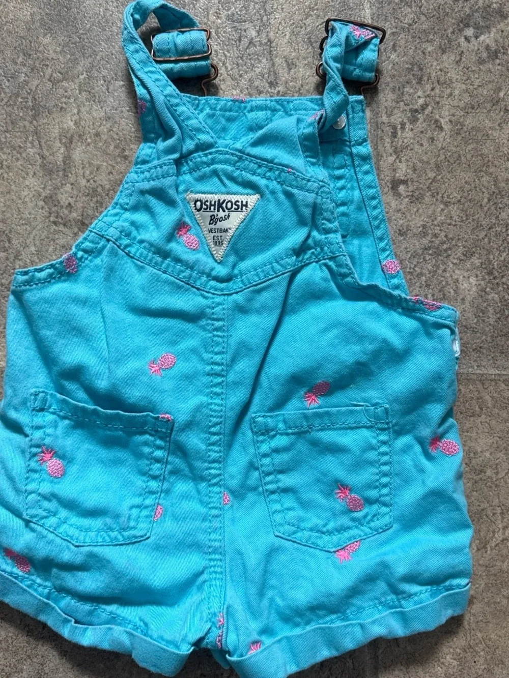 OshKosh B'gosh Turquoise Short Overalls with Pink Pineapple Embroidery